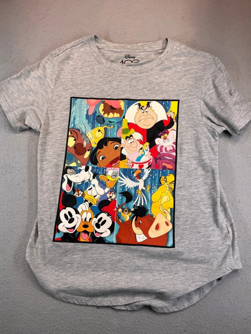 Disney 100 Mickey Stitch Lilo Alice Wonderland Goofy Characters Gray T-Shirt M